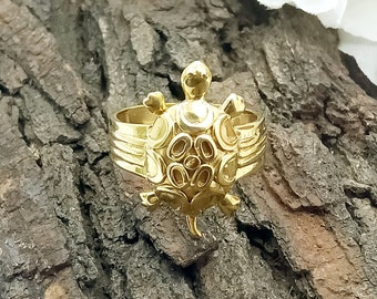 Anello tartaruga, Anello in ottone fatto a mano, Anello tartaruga marina, Placcatura oro 18K, Misura anello unisex 10