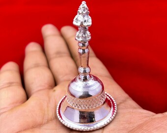 Silver Bell Decorative Pooja Mandir, Hanuman Garud Bell in Silver, Hand Held Double Sided Ghanti, Temple Showpiece, Bell for Positive Energy