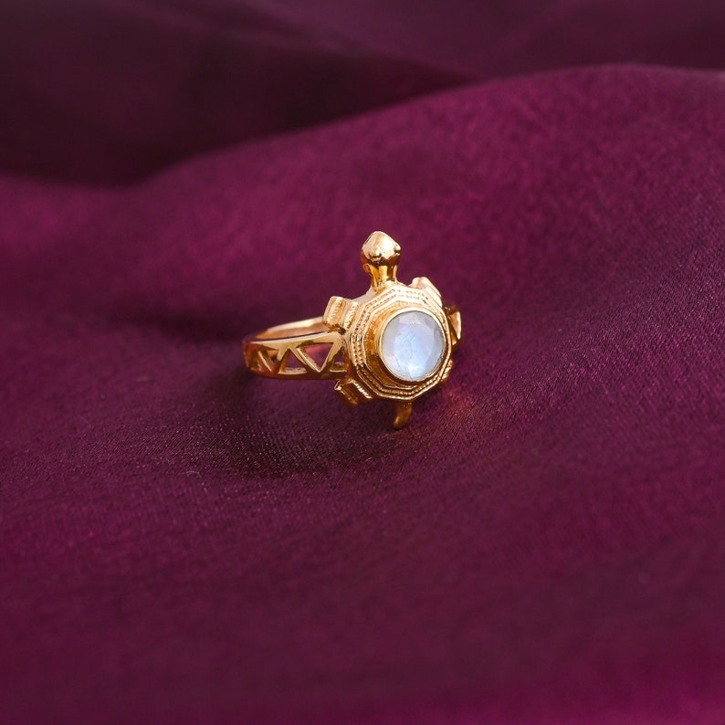 Tortoise Ring, Rainbow Moonstone Round Cut 18k Gold Plated Over Brass Ring, Turtles Spinner Ring, Designer Handmade, Gemstone Turtles Ring image 3