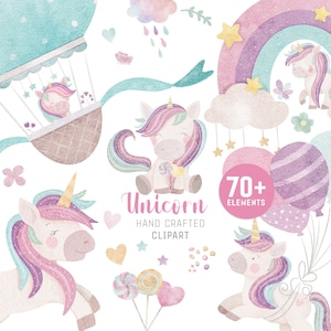 Lindo paquete de imágenes prediseñadas de unicornio de acuarela, arcoíris, gráficos de unicornio mágico, color caramelo, suministros para fiestas, archivos png de unicornio, uso comercial