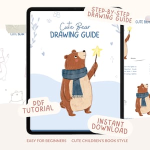 Könnte beinhalten: Digitale Illustration eines braunen Bären mit blauem Schal, der einen gelben Sternenstab hält. Das Bild ist eine Schritt-für-Schritt-Zeichenanleitung für Anfänger mit dem Text "Cute Bear Drawing Guide" und "Instant Download".