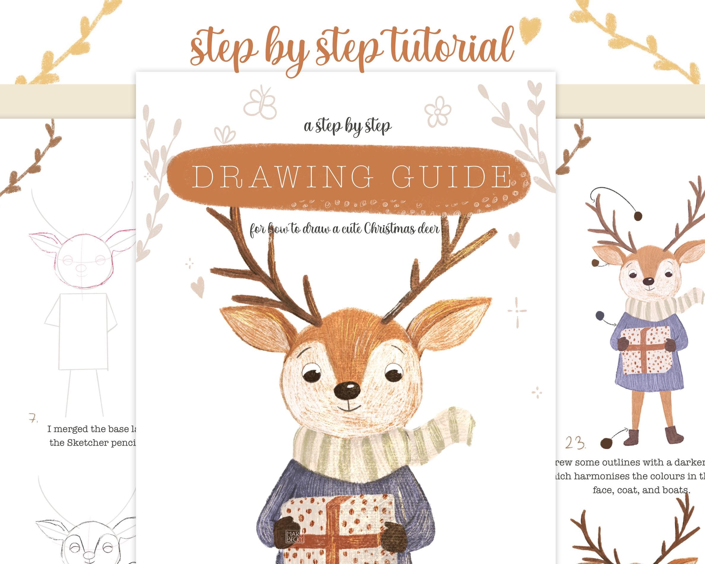 How To Draw and Colour a Christmas Deer, Children Book Style, A Step by Step Drawing Guide, Procreate, with video tutorial, pdf