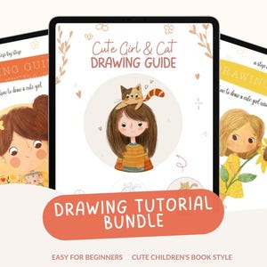 May include: A drawing tutorial bundle displayed on three tablets. The central tablet features a girl with a cat, the text "Cute Girl & Cat Drawing Guide." The bottom banner reads "Drawing Tutorial Bundle." The other tablets show illustrations of girls.