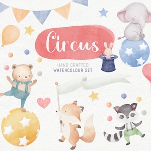Conjunto de imágenes prediseñadas de circo de acuarela - Ilustraciones de animales del bosque lindos pintados a mano para la decoración de la guardería. Descarga instantánea