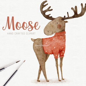 Alce de acuarela PNG - Alce de invierno pintado a mano, Imágenes Prediseñadas, Uso comercial, Animales bebés, Invitación de cumpleaños, Vacaciones, Descarga digital