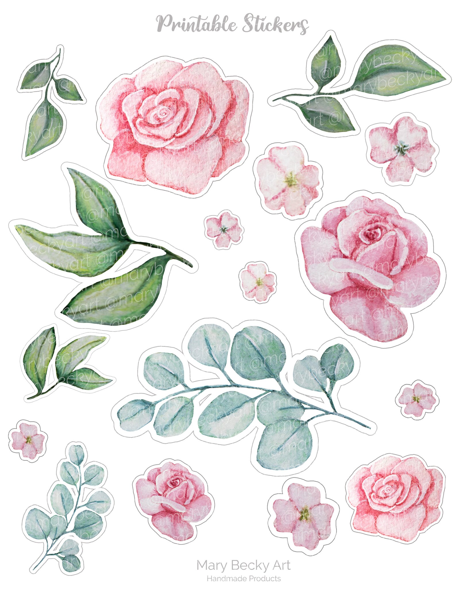 Digital Printable Rose Stickers Set Printable Leaves | Etsy