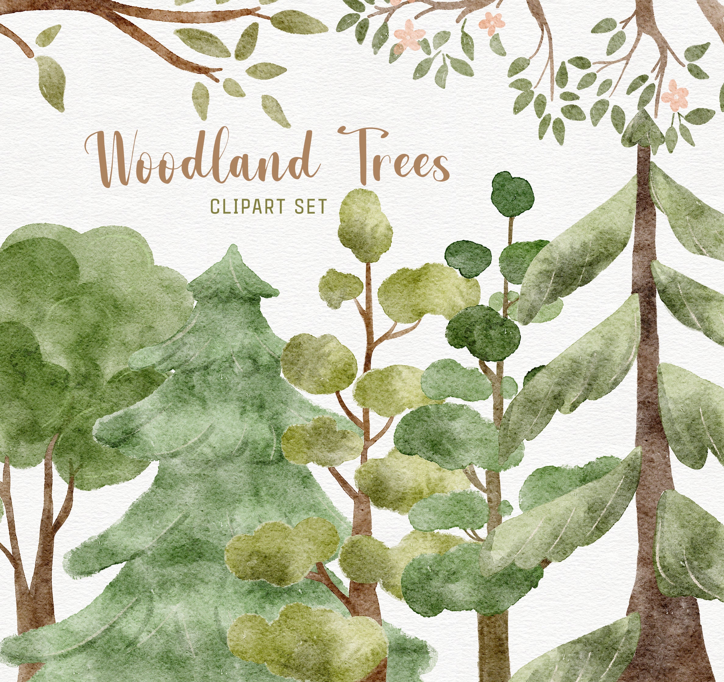 Watercolor Woodland Trees Clipart Set, Png Hand Painted Tree
