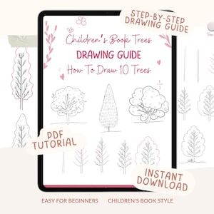 Könnte beinhalten: Eine digitale Zeichenanleitung auf einem Tablet, mit Illustrationen verschiedener Baumarten. Der Titel lautet "Children's Book Trees Drawing Guide: How To Draw 10 Trees." Enthält den Text "PDF Tutorial" und "Instant Download". Einfach für Anfänger.