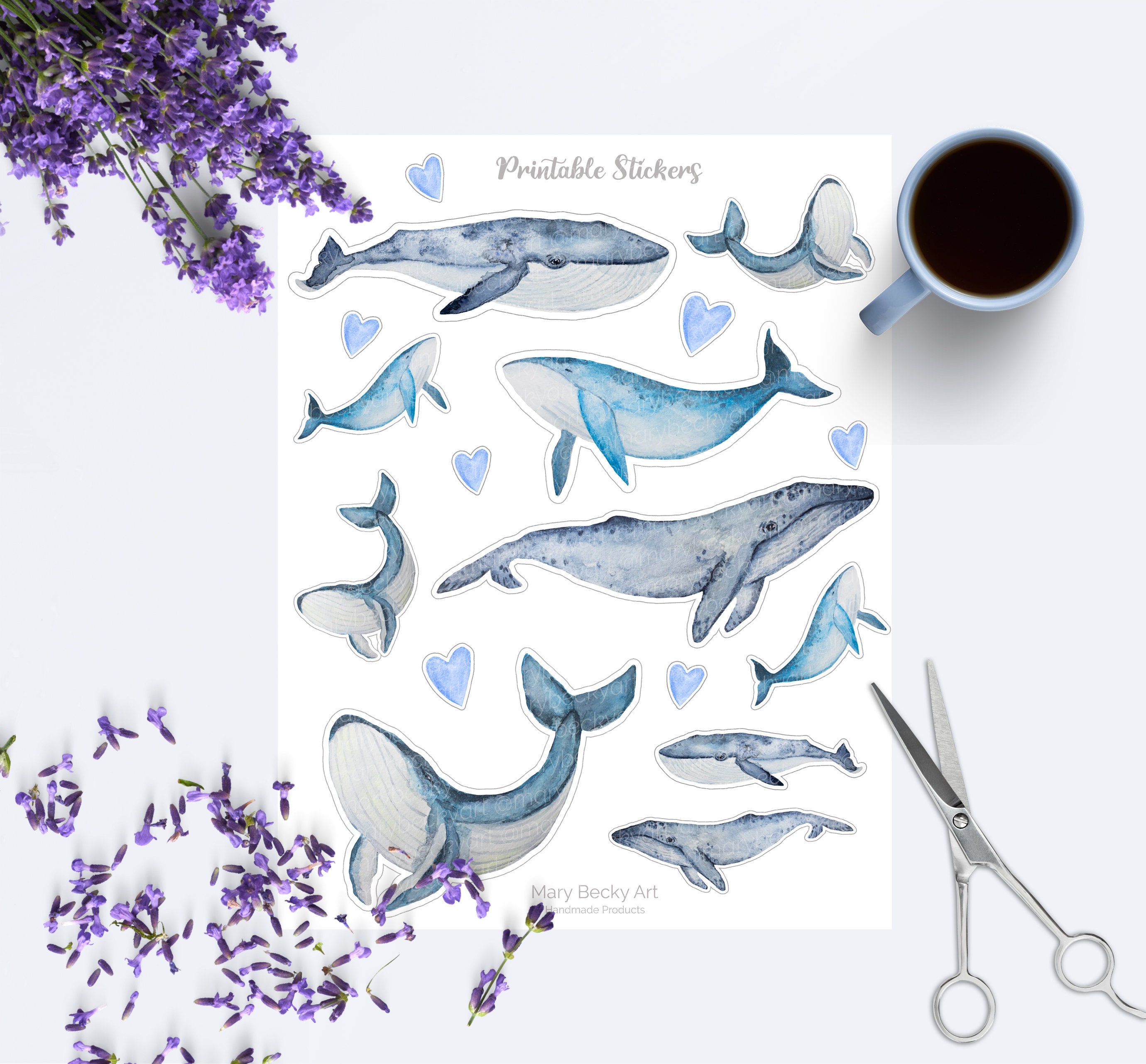 Whales printable sticker pack watercolor whales blue whale | Etsy