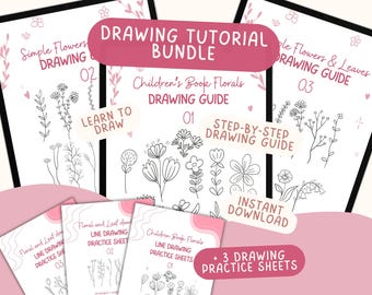 Bundel bloemkrabbeltekening: 3 stapsgewijze handleidingen + 3 oefenbladen, pdf met eenvoudige bloemenlijntekeningen