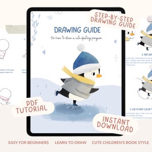 Puede incluir: Guía de dibujo digital en una pantalla de tableta que muestra cómo dibujar un lindo pingüino patinando. El pingüino lleva un gorro azul, una bufanda amarilla y un abrigo gris. El texto incluye "PDF Tutorial" e "Instant Download".