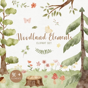Aquarel boslandschap bundel clipart set 90 png - aquarel bomen, landschap, bosrijke elementen, herfstlandschap, instant download