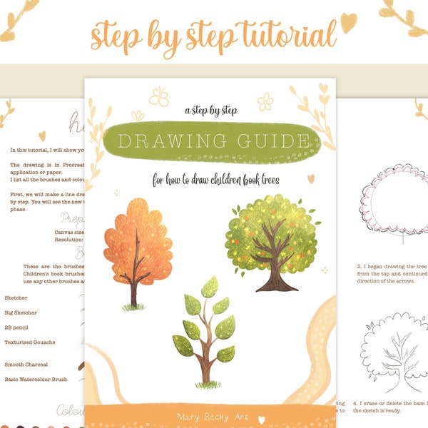 Un guide de dessin étape par étape pour savoir comment dessiner et colorier des arbres de livres pour enfants dans Procreate, tutoriel Procreate, tutoriel Ipad, format pdf