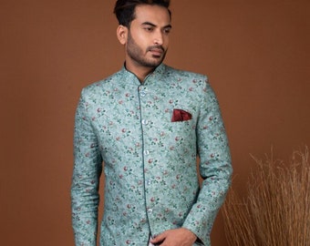 Floral Print Silk Bandhgala Suit: Men's Jodhpuri Wedding Sherwani