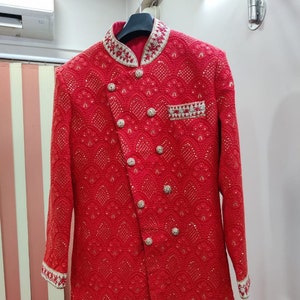 Red Chikankari Indo western Sherwani /Wedding Sherwani/Groom Sherwani /Indian Wedding Outfit/ Kurta Pajama For Men