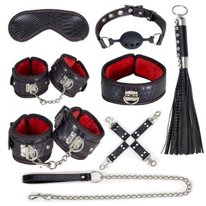 PU Leather BDSM Bondage Set Handcuffs Footcuff Whip Rope Blindfold Gag  Couples