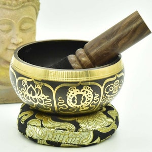 4" Handmade Tibetan Singing Bowl Set ~ Eight lucky symbols and Budha Eye in black ~ Perfect for Meditation, Sound Healing & Mindfulness.