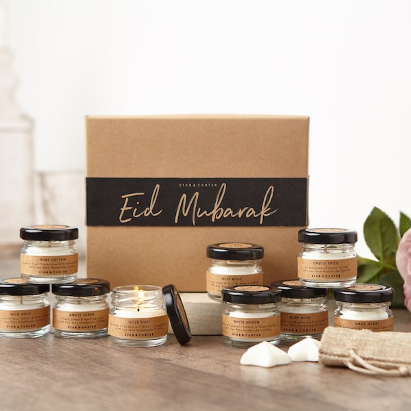 Eid Mubarak Candle Gift Set, 9 Perfume Scented Soy Wax Candles with 5 Wax Melts, Ramadam Greetings, Arabic Well Wishes