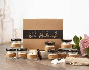 Set de regalo de velas para Eid Mubarak: 9 velas de cera de soja con aroma floral o perfumado, 5 ceras fundidas, saludos de Ramadán y buenos deseos árabes.