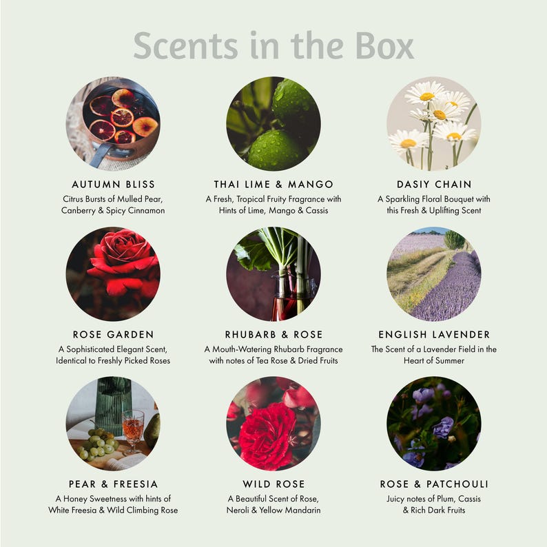 May include: A collage of nine images showcasing different scents, each with a descriptive title and a brief description of the scent. The scents include Autumn Bliss, Thai Lime & Mango, Daisy Chain, Rose Garden, Rhubarb & Rose, English Lavender, Pear & Freesia, Wild Rose, and Rose & Patchouli.