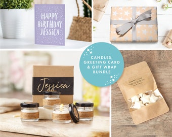 Coffret cadeau de bougies d'anniversaire personnalisées | 4 bougies en cire de soja et 8 cires en fusion. Emballage cadeau et carte d'anniversaire inclus !