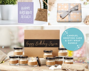 Ensemble cadeau personnalisé de bougie d’anniversaire | 9 bougies de cire de soja et 5 cires fondantes. Emballage cadeau et carte d'anniversaire gratuits inclus !