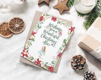Personalised Alice in Wonderland Themed Christmas Card  | A6 card (blank Inside) Personalisation is also available for inside the card