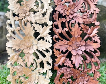 Balinese Wood Carving: Tropical Suar Wood Flower Wall Decor