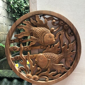 Koi Fish Wood Carving: Balinese Yin Yang Wall Art