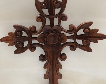 Hand Carved Suar Wood Cross: Balinese Christian Wall Art