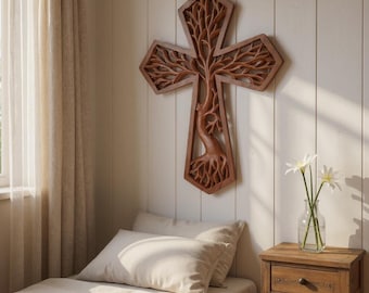 Tree of life christian cross, Hand carved cross,wood carving,hand made ,wall art,wall decoration,BalineseWoodCarving