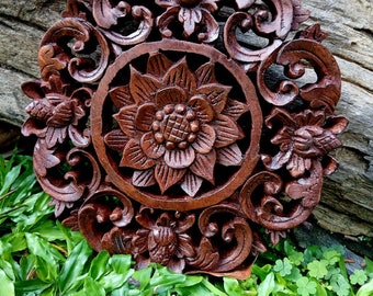 Hand Carved Suar Wood Wall Art Lotus, Balinese Carving Home Decor
