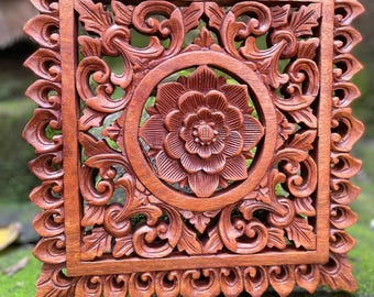 Hand Carved Balinese Wood Wall Art: Traditional Suar Wood Panel (12"x12"x0.8")