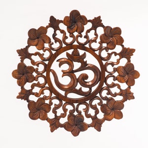 Hand-Carved Suar Wood Om Symbol Wall Art: Balinese Frangipani Decor