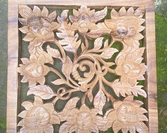 Hand Carved Suar Wood Flower Wall Hanging: Rustic Floral Decor