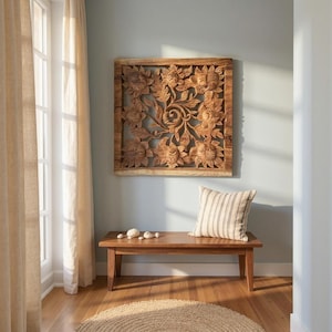 Hand Carved Suar Wood Flower Wall Hanging: Rustic Floral Decor