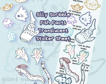 Silly Scribble Fish Facts Translucent Sticker Sheet Whale Shark Jellyfish Coelacanth Pufferfish Sea Angel Oarfish