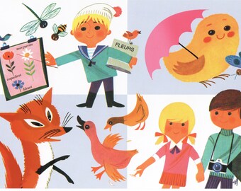 Alain Gree Postcard (8)  Illustrations from 1960-70s Retro Adorable Design Post Card Collage アラン・グレ ポストカード(8)