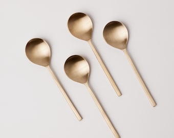 Cucharas de postre de latón, cubiertos dorados para champán, juego de 4