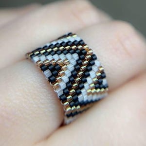 Handwoven Beaded Ring: Miyuki Delica Beads, Black White Gold Chevron