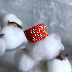 Handmade Red Beaded Ring with Golden Accents Miyuki Delica Jewelry