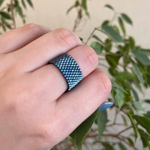 Handwoven Beaded Ring Iridescent Blue Pattern Miyuki Delica  jewelry