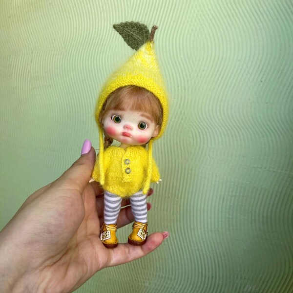 Handmade Mohair Pear Outfit for OB11 Dolls Knitted Hat  Bodysuit