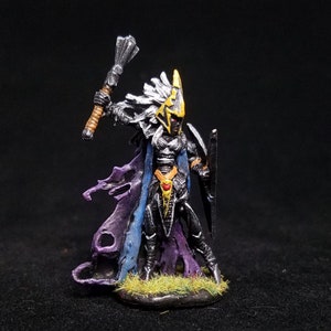 Puede incluir: Una figura miniatura pintada de un guerrero elfo que lleva una capa morada y azul, sosteniendo un arma plateada y un escudo. El elfo lleva un casco amarillo y blanco con una cresta puntiaguda.
