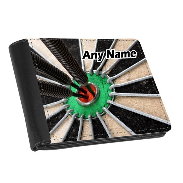 Personalised Darts, Bullseye Print Wallet, Faux Leather 3 Card sections, Note/ Receipt Back area  NO COIN SECTION