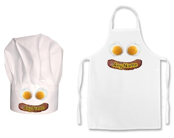 PERSONALISED Sausage Face Print Childs Chefs Hat or Apron or Both in a set of 2.  100% Polyester Hats and or Apron