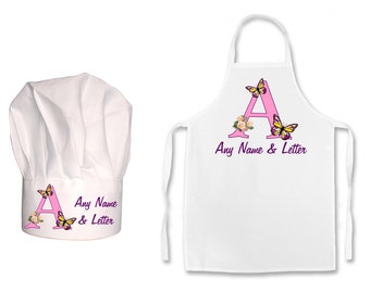 PERSONALISED Capital Letter Butterfly Name Childs Chefs Hat or Apron or Both in a set of 2.  100% Polyester Hats and or Apron