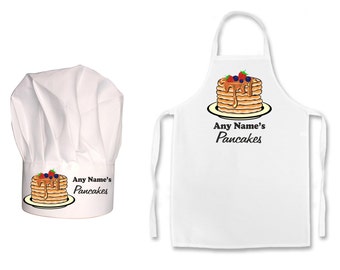 PERSONALISED Pancakes Print Childs Chefs Hat or Apron or Both in a set of 2.  100% Polyester Hats and or Apron