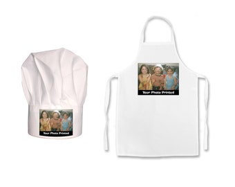 PERSONALISED Your Photo Print Childs Chefs Hat or Apron or Both in a set of 2.  100% Polyester Hats and or Apron