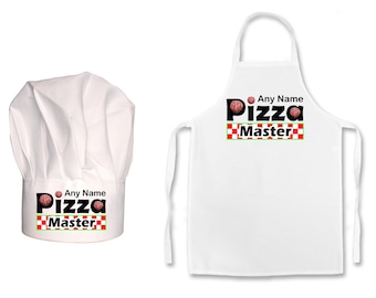 PERSONALISED Pizza Master Print Childs Chefs Hat or Apron or Both in a set of 2.  100% Polyester Hats and or Apron